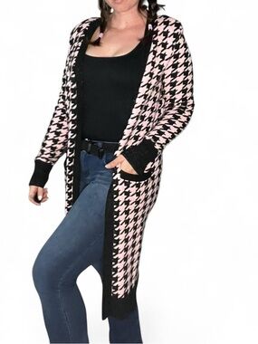 Express Pink & Black Houndstooth Open-Front Cardigan